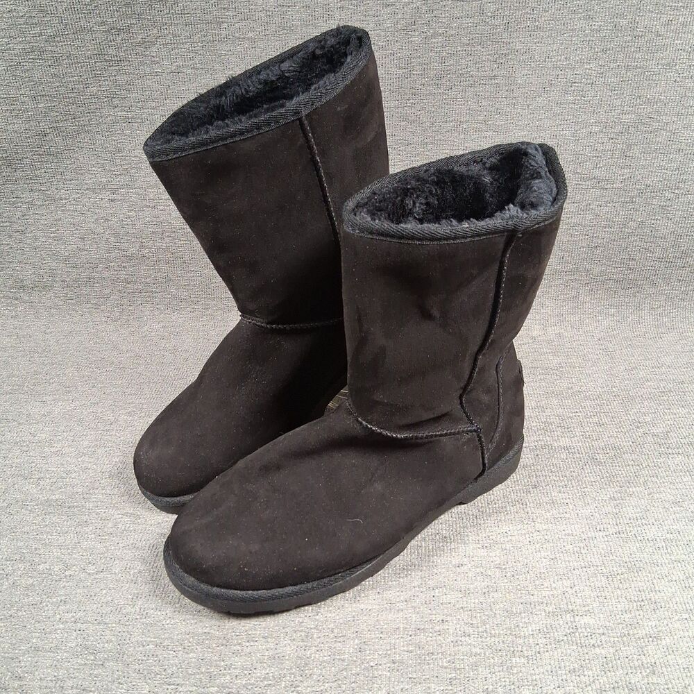 Makalu Black Faux Fur Lined Winter Snow Boots Women Size 8 Slip On Cozy Warm